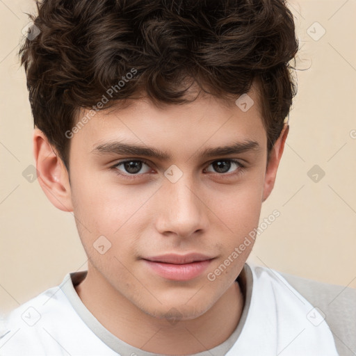 Joyful white child male with short  brown hair and brown eyes