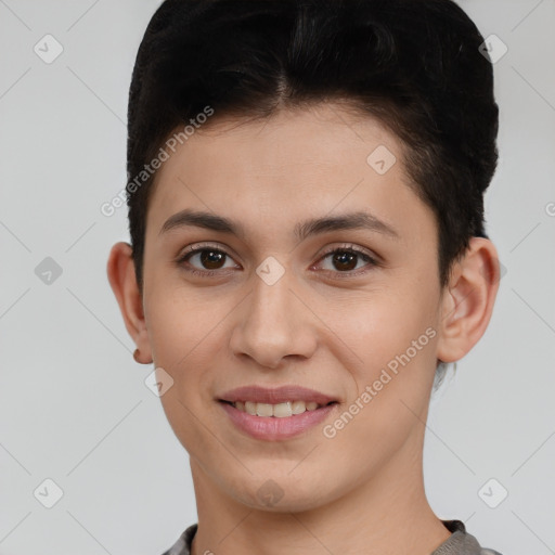 Joyful white young-adult female with short  brown hair and brown eyes