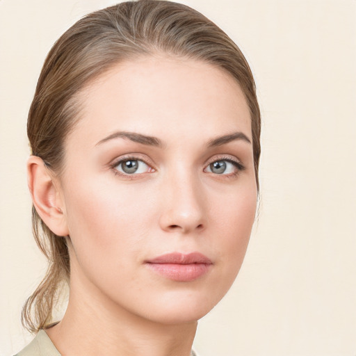 Neutral white young-adult female with long  brown hair and grey eyes