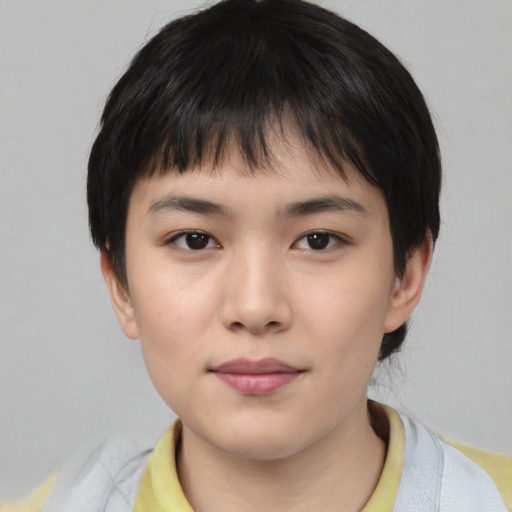 Neutral asian young-adult female with short  brown hair and brown eyes
