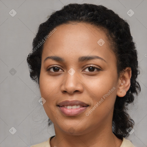 Joyful latino young-adult female with medium  black hair and brown eyes