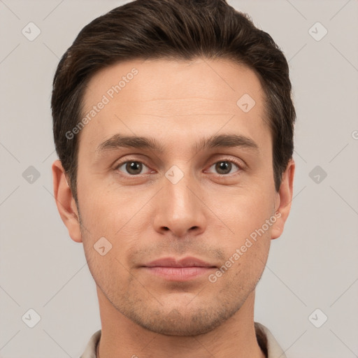 Neutral white young-adult male with short  brown hair and brown eyes