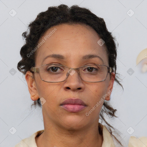 Neutral black adult female with short  brown hair and brown eyes