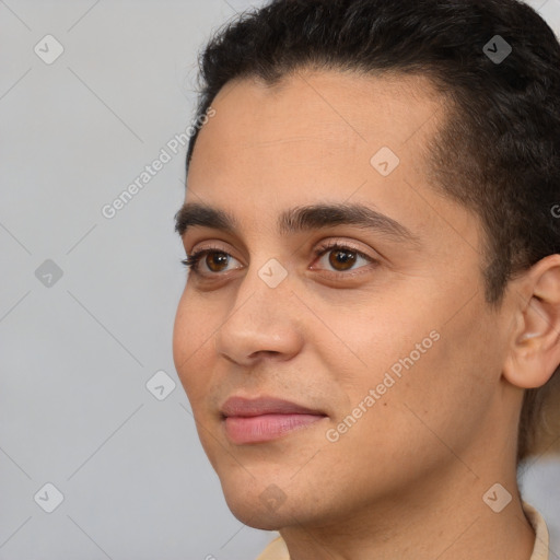 Joyful white young-adult male with short  brown hair and brown eyes