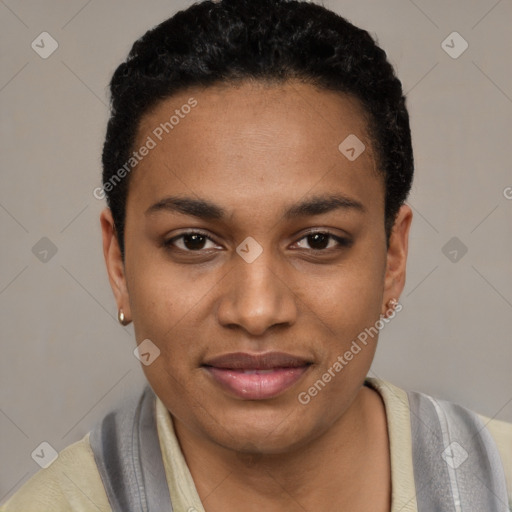 Joyful latino young-adult female with short  black hair and brown eyes