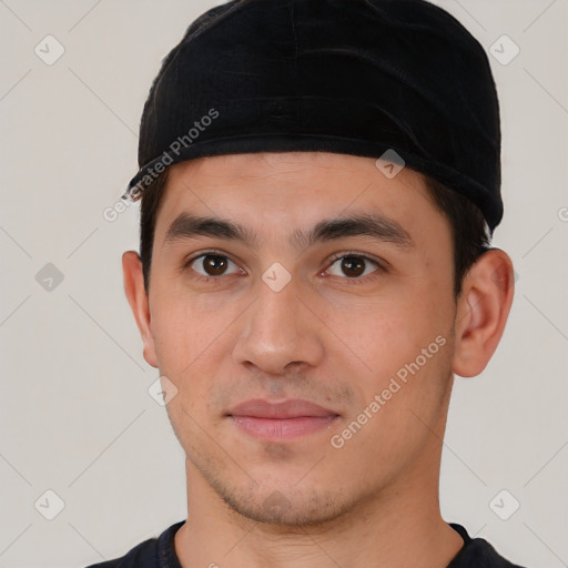 Neutral white young-adult male with short  black hair and brown eyes
