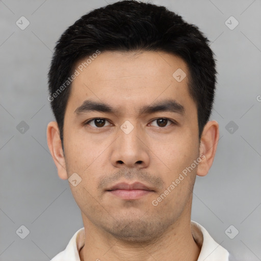 Neutral asian young-adult male with short  black hair and brown eyes