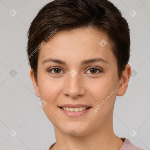 Joyful white young-adult female with short  brown hair and brown eyes