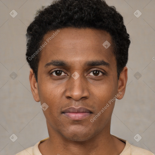 Neutral black young-adult male with short  black hair and brown eyes