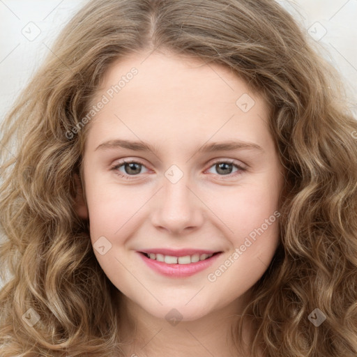 Joyful white young-adult female with long  brown hair and green eyes