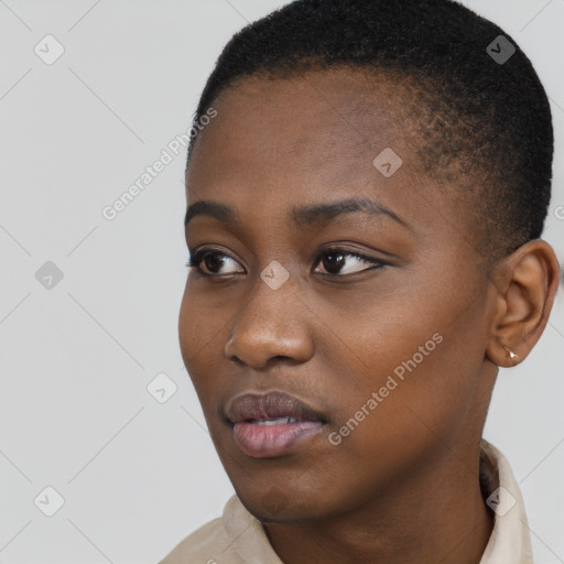 Neutral black young-adult female with short  black hair and brown eyes