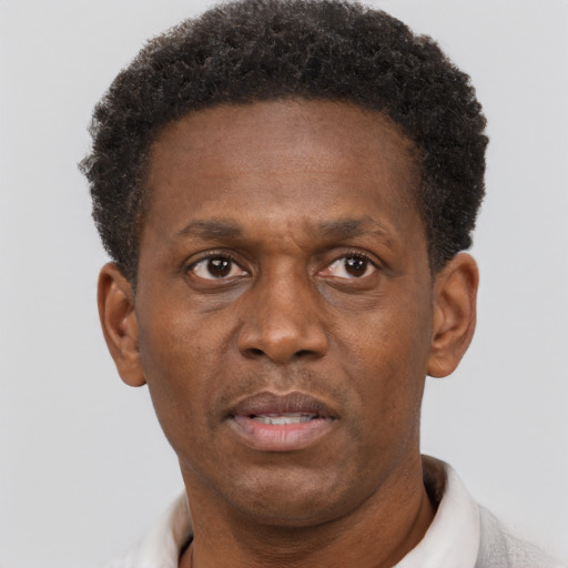 Neutral black adult male with short  brown hair and brown eyes