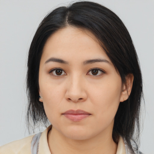 Neutral asian young-adult female with medium  black hair and brown eyes