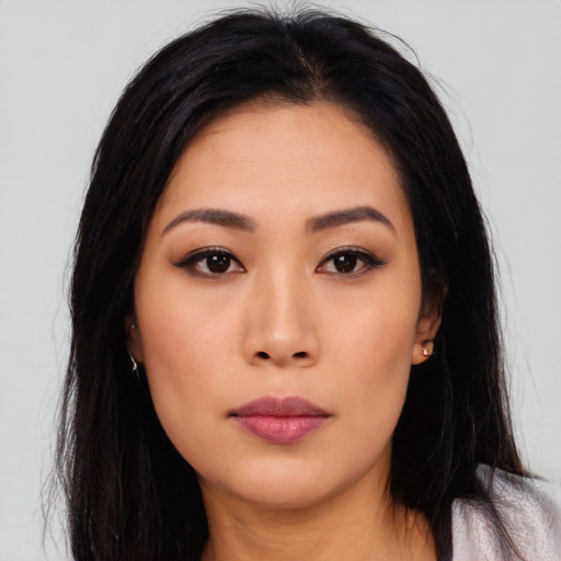 Neutral asian young-adult female with long  black hair and brown eyes
