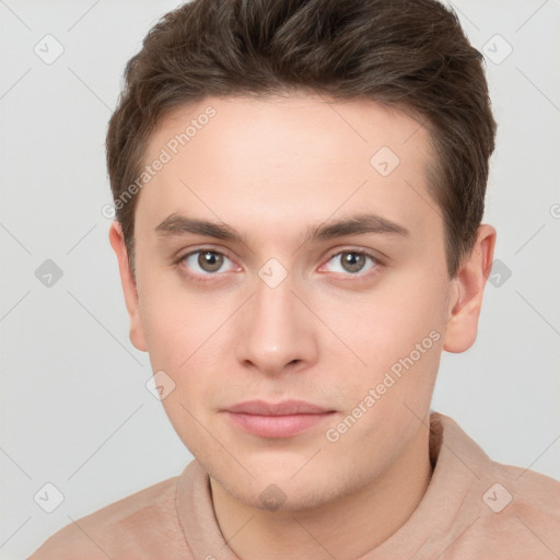 Neutral white young-adult male with short  brown hair and brown eyes