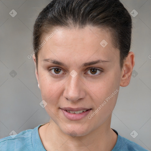 Joyful white young-adult female with short  brown hair and brown eyes