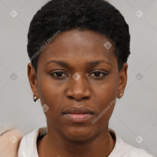 Neutral black young-adult female with short  black hair and brown eyes