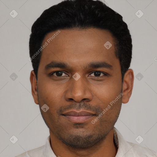 Neutral latino young-adult male with short  black hair and brown eyes