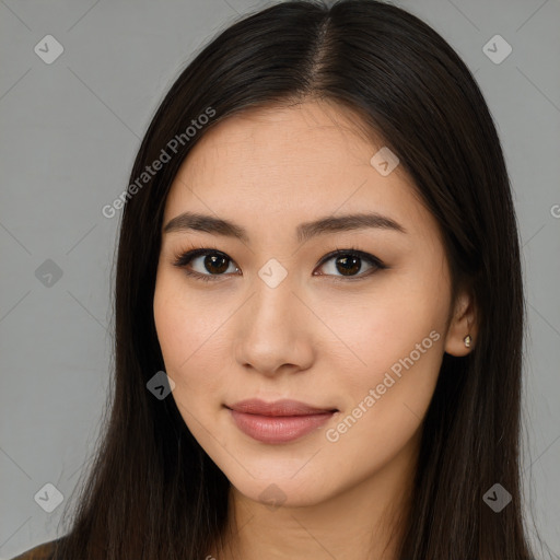 Neutral white young-adult female with long  brown hair and brown eyes