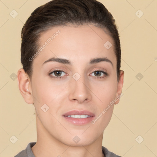 Joyful white young-adult female with short  brown hair and brown eyes