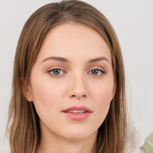 Neutral white young-adult female with long  brown hair and brown eyes