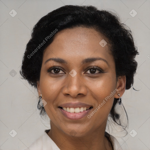 Joyful black young-adult female with medium  black hair and brown eyes