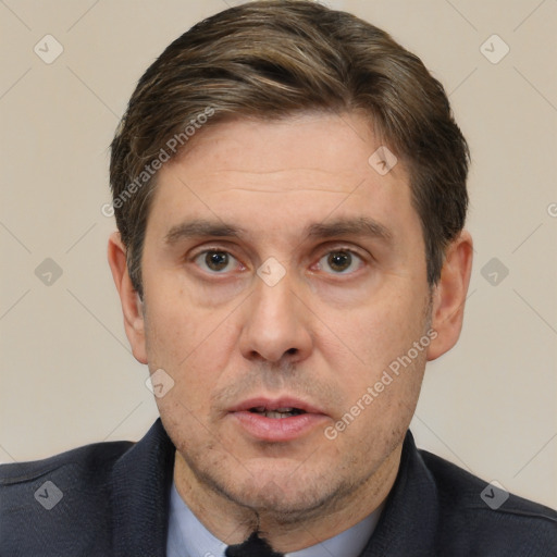 Neutral white adult male with short  brown hair and brown eyes