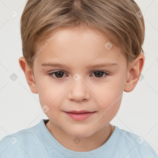 Joyful white child female with short  brown hair and brown eyes