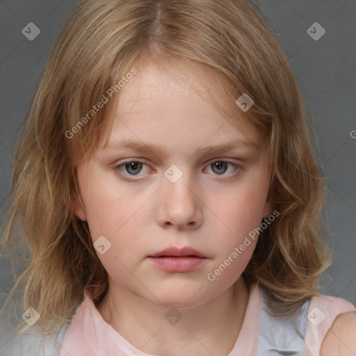 Neutral white child female with medium  brown hair and grey eyes