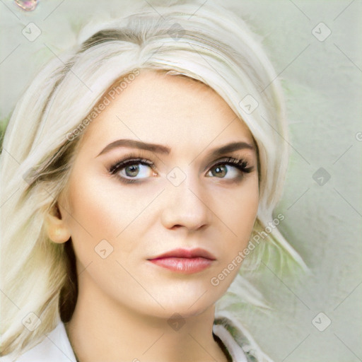 Neutral white young-adult female with medium  blond hair and brown eyes