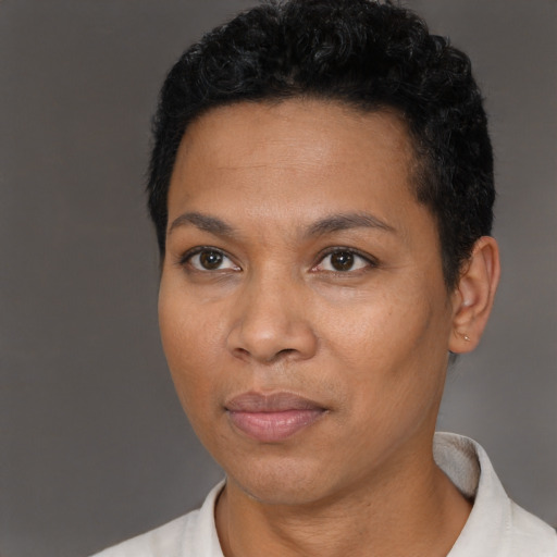 Neutral latino young-adult female with short  black hair and brown eyes