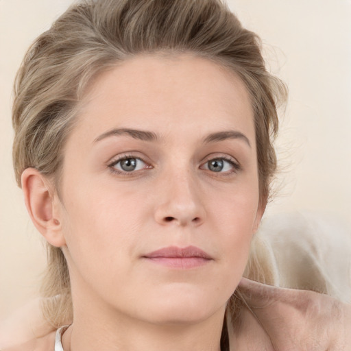 Neutral white young-adult female with medium  brown hair and blue eyes