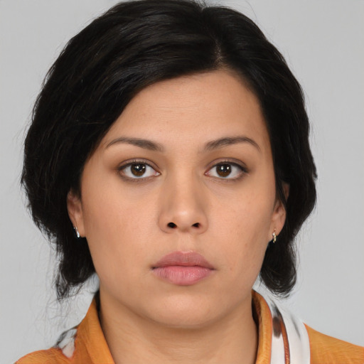 Neutral asian young-adult female with medium  brown hair and brown eyes
