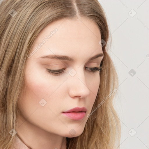 Neutral white young-adult female with long  brown hair and brown eyes