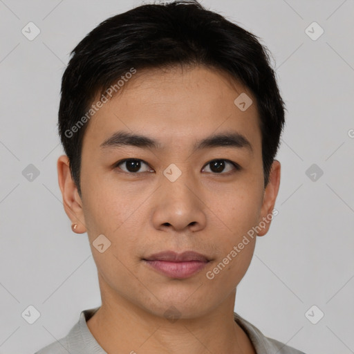 Neutral asian young-adult male with short  black hair and brown eyes