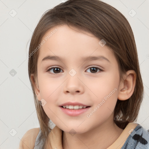 Joyful white child female with medium  brown hair and brown eyes