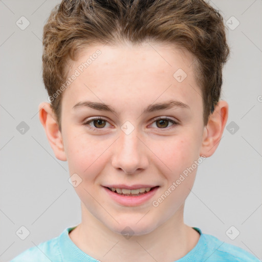 Joyful white child female with short  brown hair and brown eyes