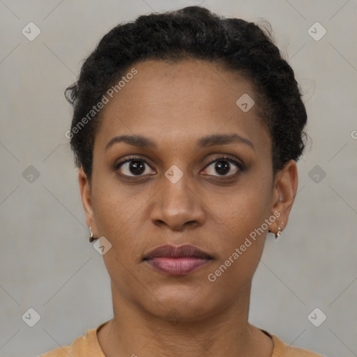 Neutral black young-adult female with short  brown hair and brown eyes