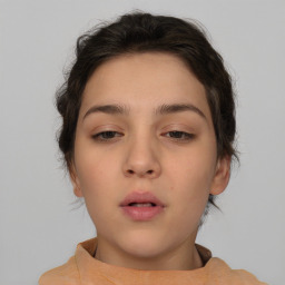 Neutral white young-adult female with short  brown hair and brown eyes