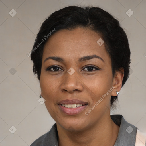 Joyful black young-adult female with medium  black hair and brown eyes