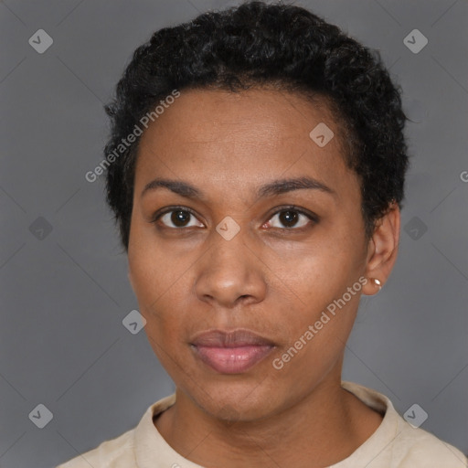 Neutral black young-adult female with short  black hair and brown eyes