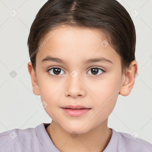 Joyful white child female with short  brown hair and brown eyes