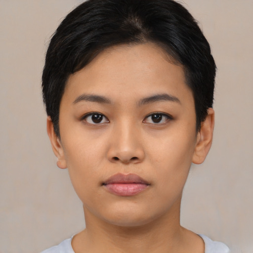 Neutral asian young-adult female with short  black hair and brown eyes