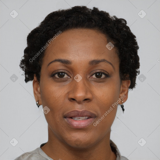 Neutral black adult female with short  brown hair and brown eyes