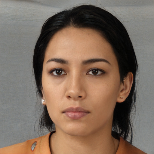 Neutral asian young-adult female with long  black hair and brown eyes