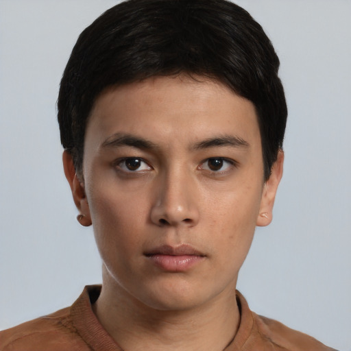 Neutral asian young-adult male with short  black hair and brown eyes