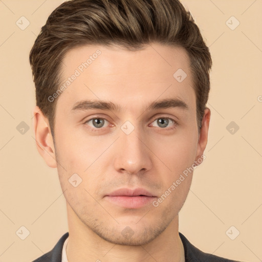 Neutral white young-adult male with short  brown hair and brown eyes