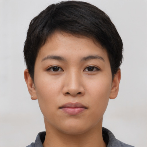 Neutral asian young-adult female with short  black hair and brown eyes