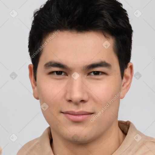 Neutral asian young-adult male with short  brown hair and brown eyes