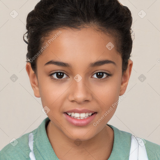 Joyful white child female with short  brown hair and brown eyes